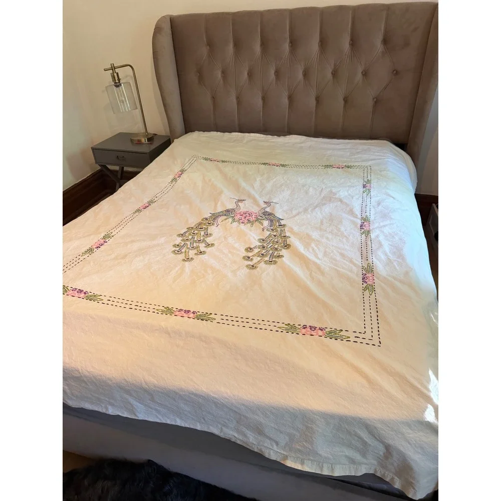 Vintage Hand Embroidered Peacock Bedspread Floral Coverlet Cream Bohemian 84x72